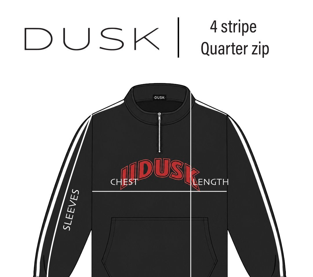 DUSK 4 Stripe Quarter Zip size chart — measurements in inches measurement diagram