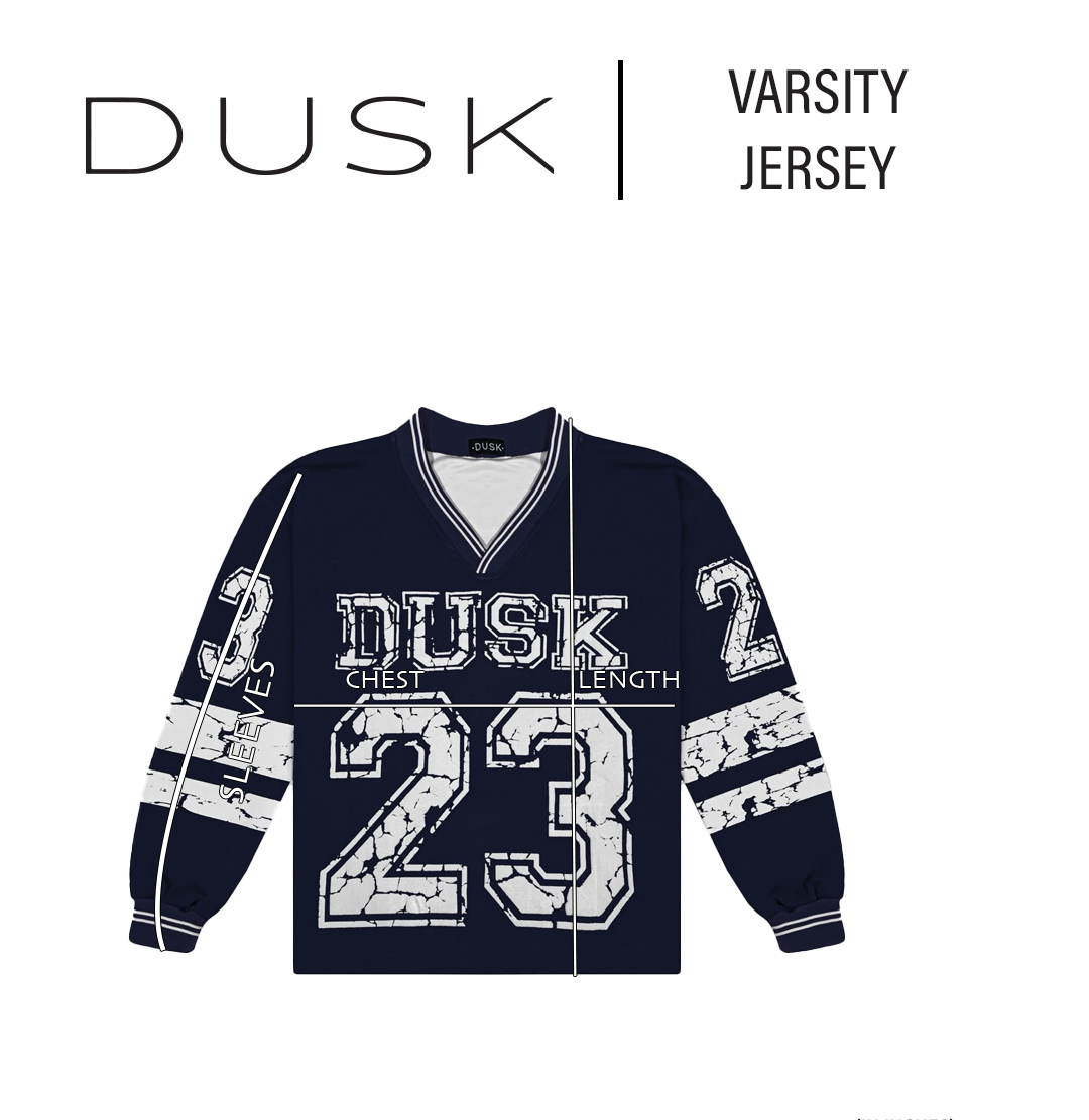 DUSK Varsity Jersey size chart — measurements in inches measurement diagram