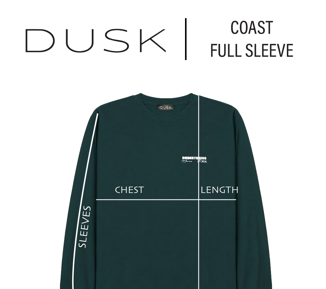 DUSK Coast Full Sleeve size chart — measurements in inches measurement diagram