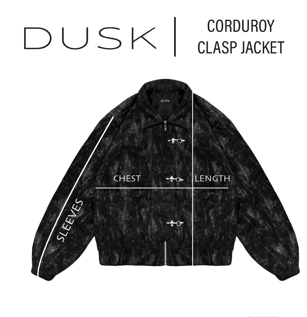 DUSK Corduroy Clasp Jacket size chart — measurements in inches measurement diagram