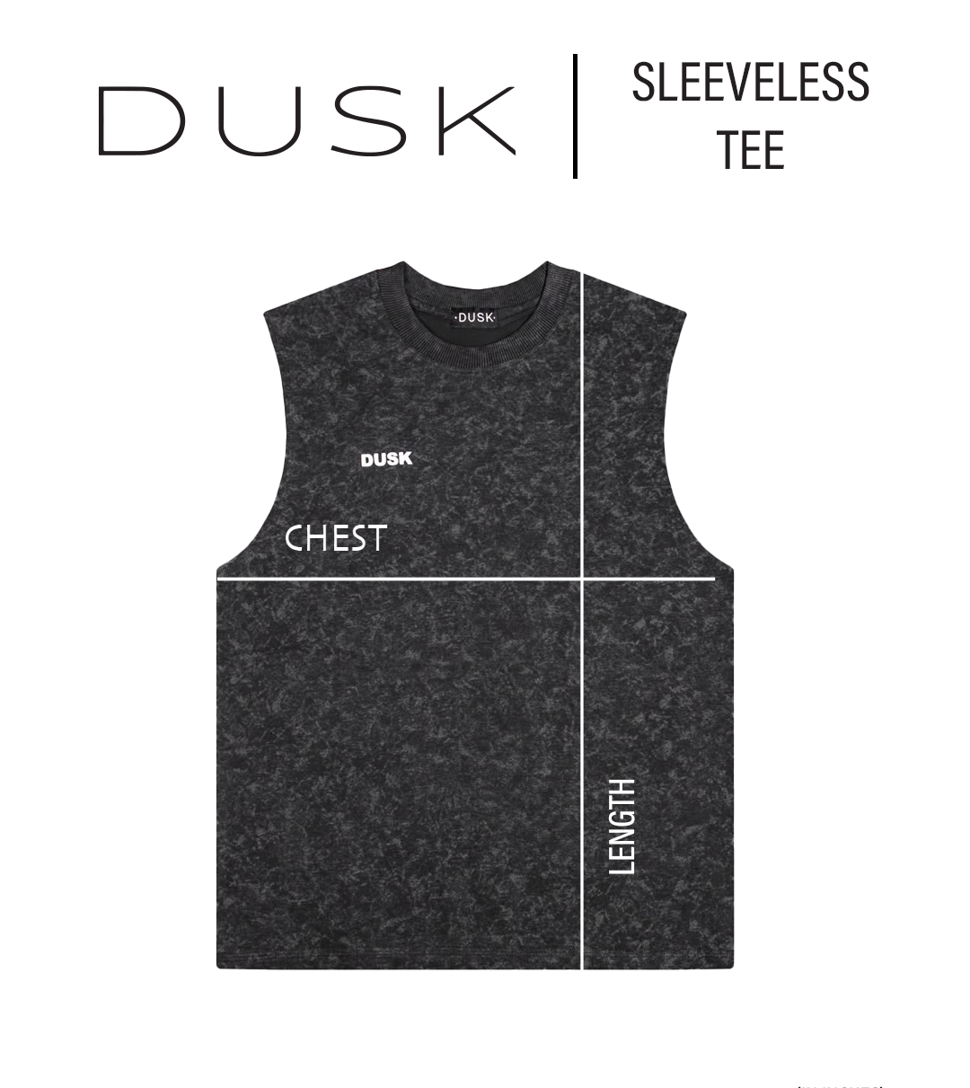 DUSK Sleeveless Tee size chart — measurements in inches measurement diagram
