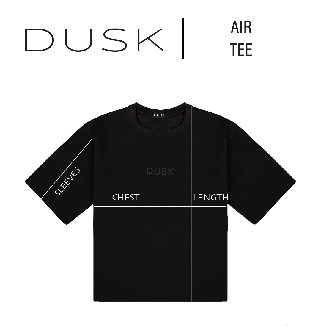 DUSK Air Tee size chart — measurements in inches measurement diagram