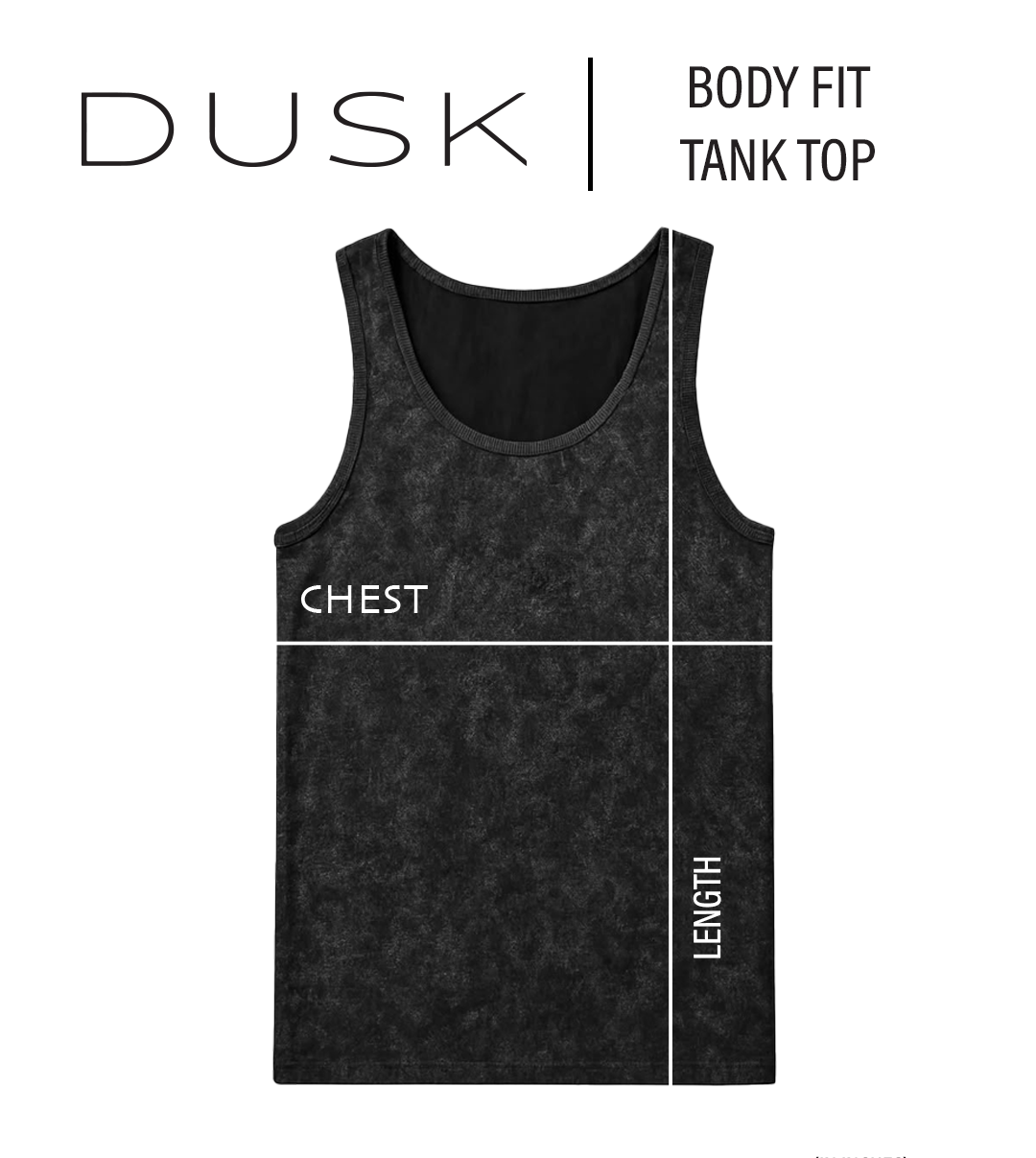 DUSK Body Fit Tank Top size chart — measurements in inches measurement diagram