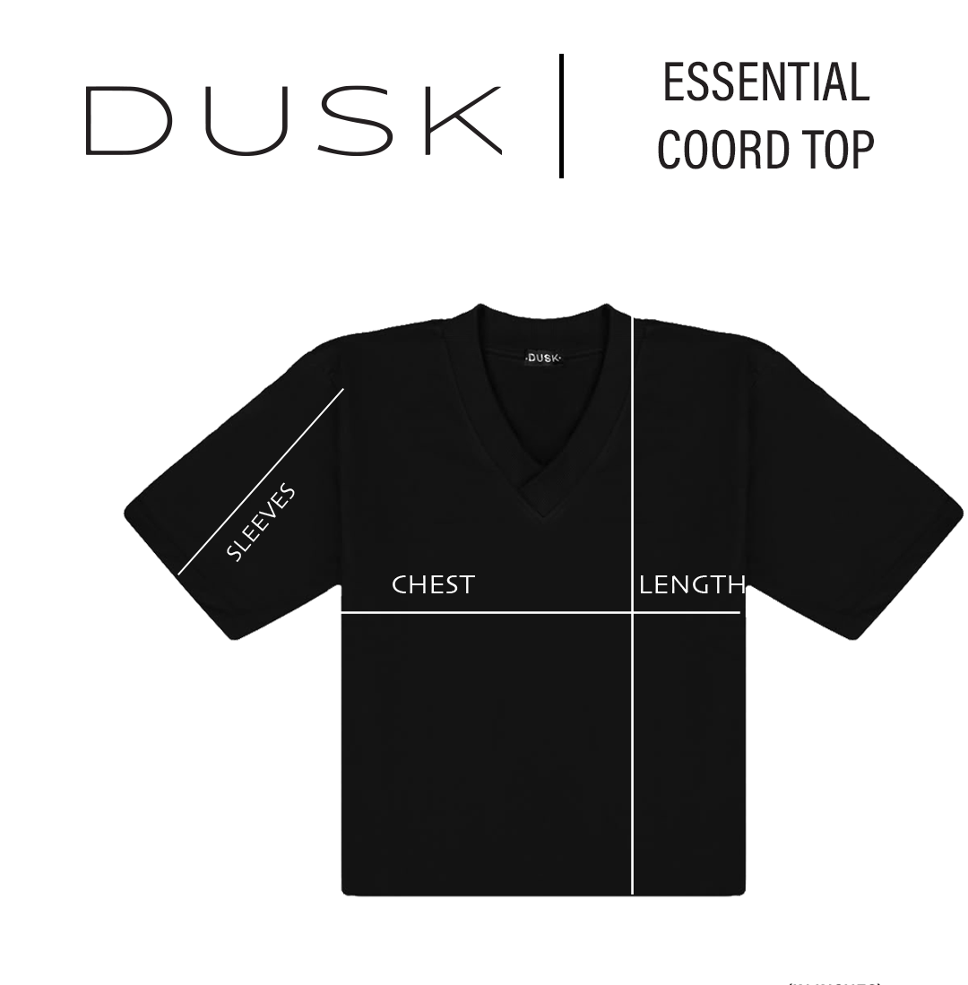 DUSK Essential Coord Top size chart — measurements in inches measurement diagram