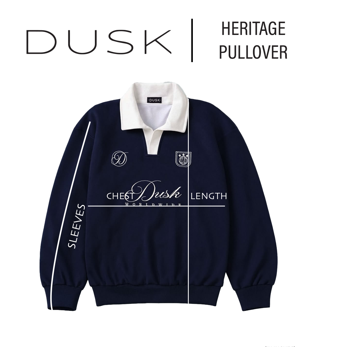 DUSK Heritage Pullover size chart — measurements in inches measurement diagram