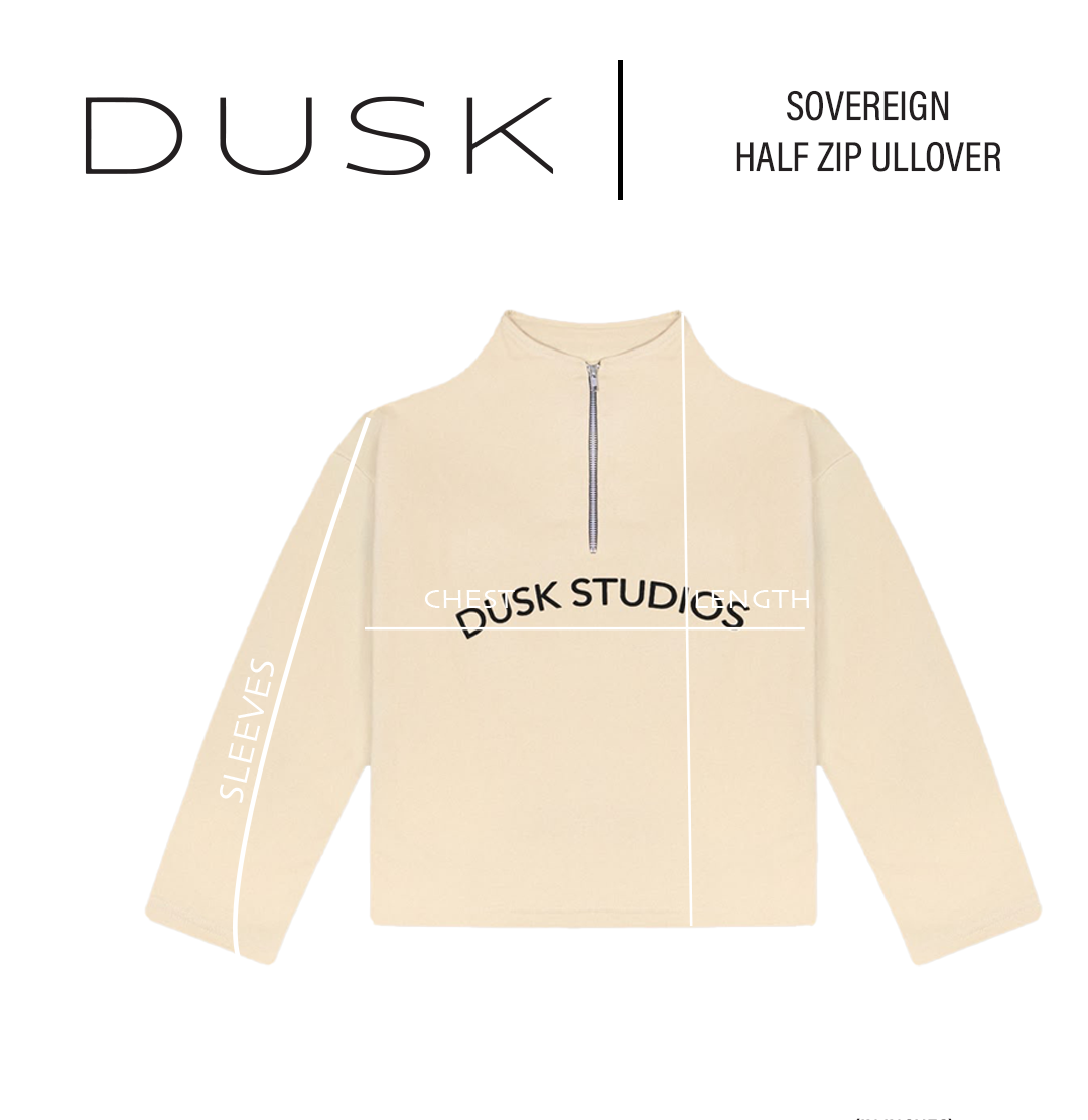 DUSK Sovereign Half Zip Pullover size chart — measurements in inches measurement diagram